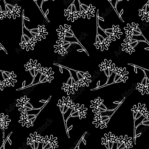 Seamless vector pattern lined tropical leaves and flowers lined ornament black and white line art