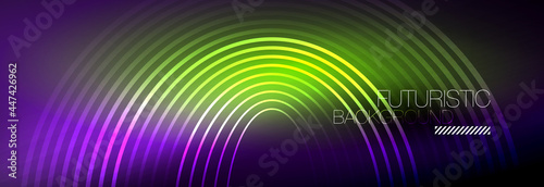 Dark abstract background with glowing neon circles. Trendy layout template for business or technology presentation, internet poster or web brochure cover, wallpaper