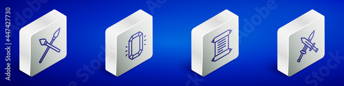 Set Isometric line Crossed medieval spears, Diamond, Decree, parchment, scroll and sword icon. Vector