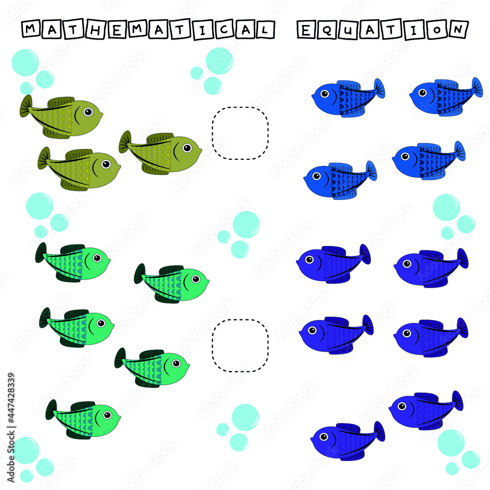 Developing activities for children, compare which more fishes. Logic game for children, mathematical inequalities.