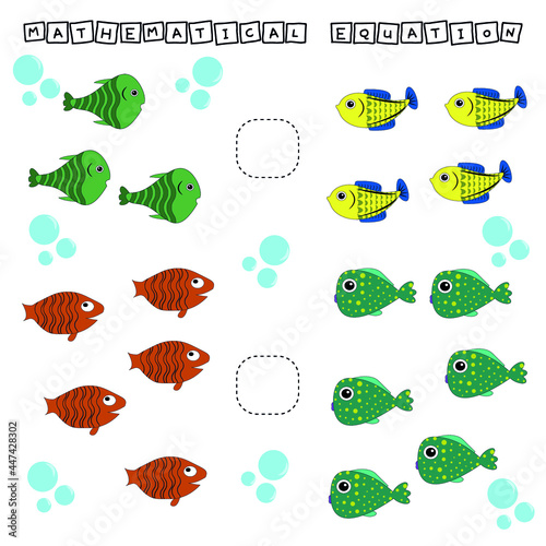 Developing activities for children, compare which more fishes. Logic game for children, mathematical inequalities.