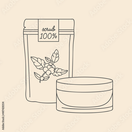 Vector linear illustration coffee scrub, lotion and cosmetic cream. Beauty cosmetics for daily body care.