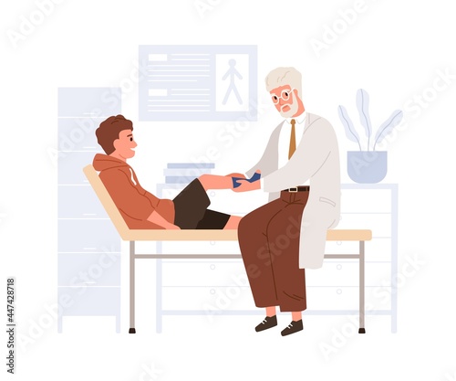 Child patient visiting doctor in hospital. Pediatrician examining kid with leg trauma. Boy in physician's medical office in clinic. Colored flat vector illustration isolated on white background