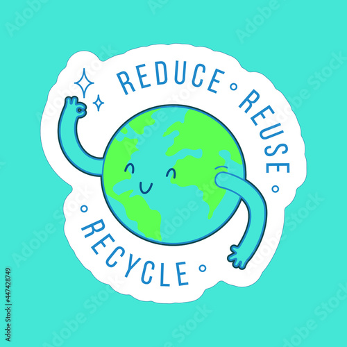 Reduce. Reuse. Recycle. Planet Show Okay Sign Sticker on Blue Background. Modern Flat Vector Illustration. Social Media Template.