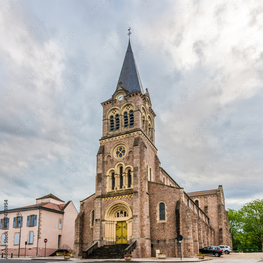 Church of saint Jean Baptiste in the streets of Lapalisse town - France.