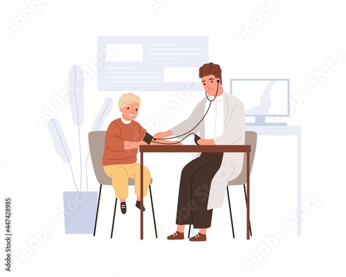 Kid patient visiting doctor in hospital office. Pediatrician checking and measuring blood pressure of child. Scene of boy at physician. Colored flat vector illustration isolated on white background