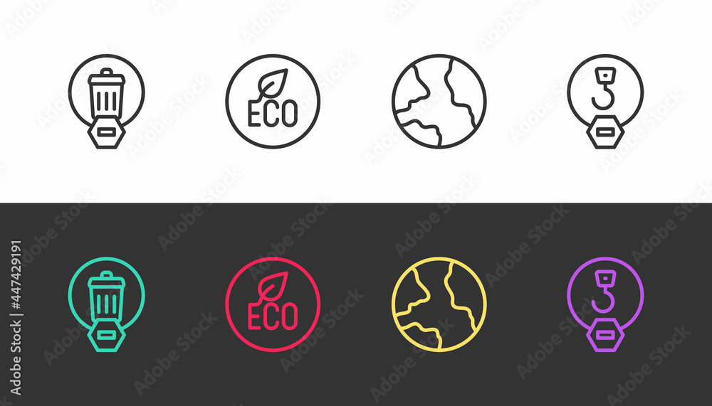 Set line Trash can, Leaf Eco symbol, Worldwide and Industrial hook on black and white. Vector Set line Trash can, Leaf Eco symbol, Worldwide and Industrial hook on black and white. Vector