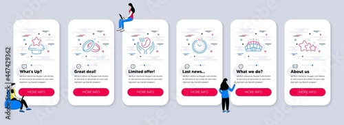 Set of Business icons, such as Arena stadium, Coffee, Time icons. UI phone app screens with teamwork. Winner podium, Wedding rings, Stars line symbols. Vector