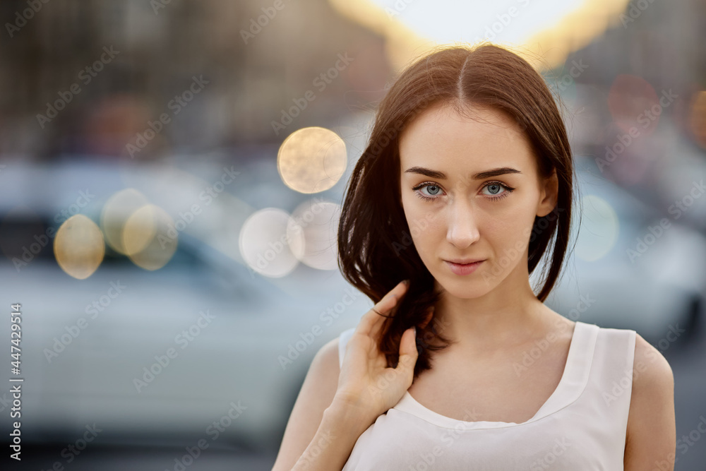 Portrait of pensive white teenage girl during walking outdoors. Portrait of pensive white teenage girl during walking outdoors.