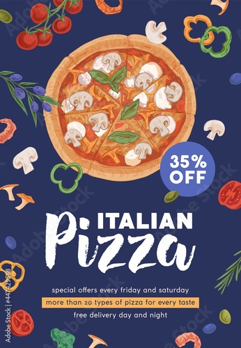 Ad flyer template with realistic vegetarian pizza circle for pizzeria and Ita...