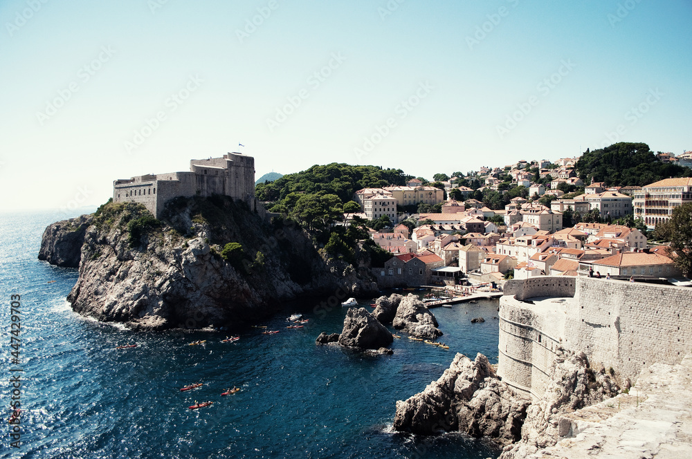 CROATIA, DUBROVNIK: Scenic landscape top view of the city buildings with red roofs 