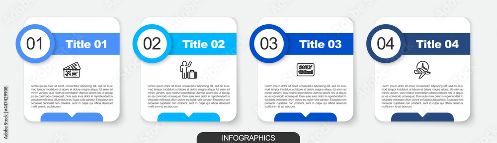 Set line Airline ticket, Tourist with suitcase, Liquids carry-on baggage and Flight time. Business infographic template. Vector Set line Airline ticket, Tourist with suitcase, Liquids carry-on baggage and Flight time. Business infographic template. Vector