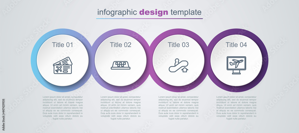 Set line Airline ticket, Taxi car roof, Escalator up and Plane. Business infographic template. Vector