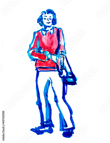 Sketch of a woman with short hair walking with a bag outline colorful