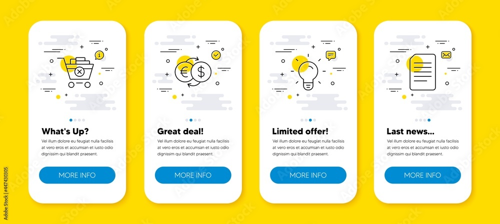 Vector set of Money exchange, Remove purchase and Light bulb line icons set. UI phone app screens with line icons. Document icon. Eur to usd, Delete from cart, Lamp energy. Information file. Vector