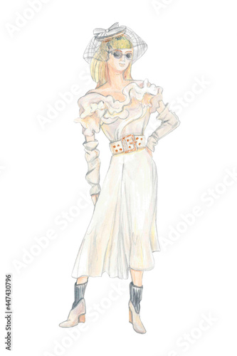 Fashion model. Young woman in white romantic dress with hat, gloves isolated on the white background. Illustration