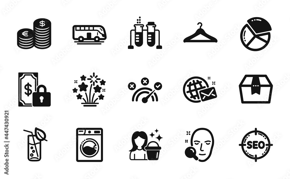 Vector set of Chemistry beaker, Private payment and Package box icons simple set. Washing machine, Pie chart and Seo icons. Cloakroom, Face search and World mail signs. Vector Vector set of Chemistry beaker, Private payment and Package box icons simple set. Washing machine, Pie chart and Seo icons. Cloakroom, Face search and World mail signs. Vector