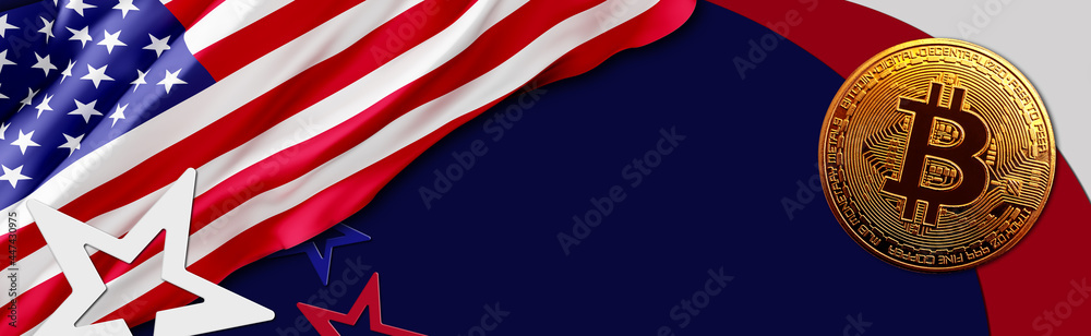 Naklejka premium golden bitcoin coin on the USA flag background. cryptocurrency concept