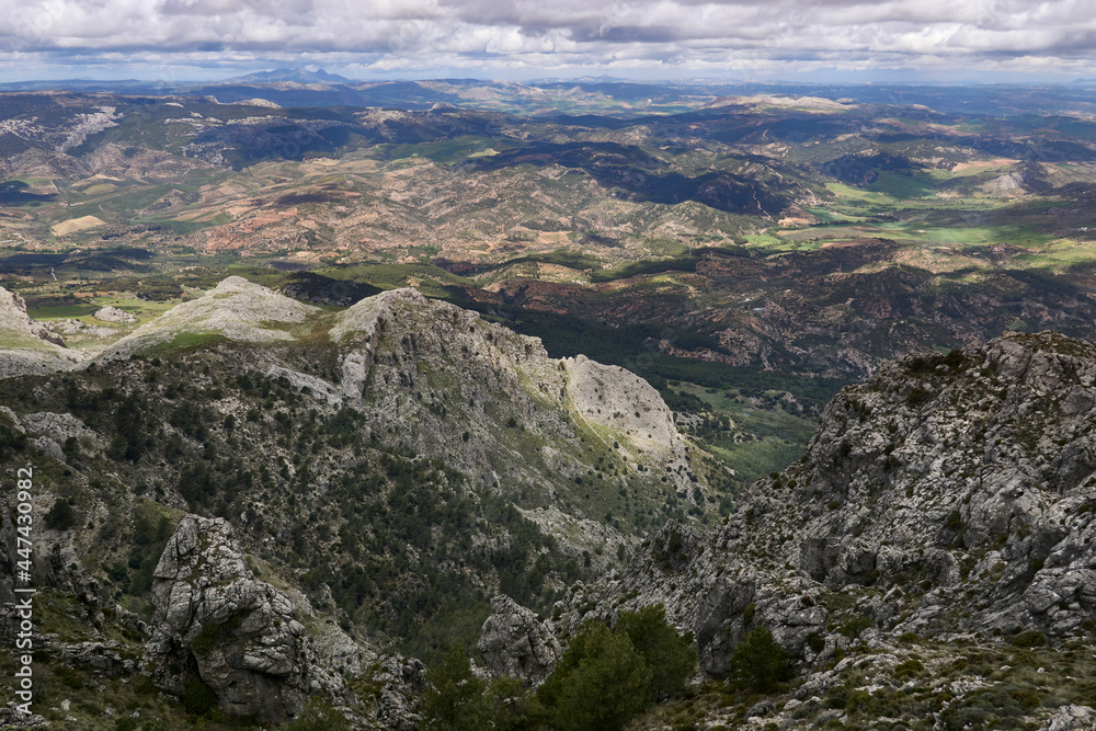 views from the top of the Sierra Prieta peak, on a cloudy day, in Casarabonela, Malaga province. Andalusia, Spain