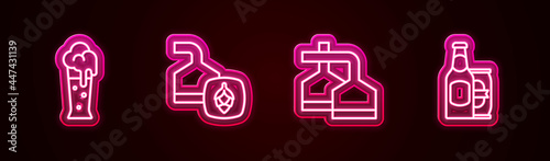 Set line Glass of beer, Beer brewing process, and bottle and can. Glowing neon icon. Vector