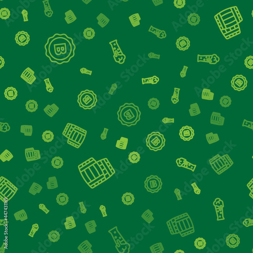 Set line Bottle cap with beer, Wooden barrel and Glass of on seamless pattern. Vector