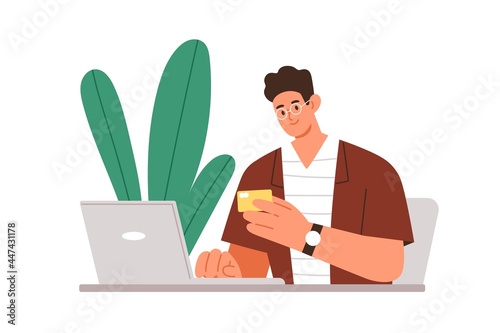 Person making online electronic payment with laptop and bank card. Man buying smth. through internet and paying for it using computer. Colored flat vector illustration isolated on white background