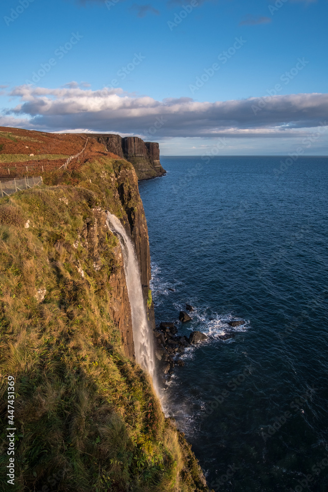 Kilt Rock and Mealt Falls, Picturesque observation point offering panoramic views of waterfalls, cliffs & sea in Isle of Skye, Scottish Highlands Kilt Rock and Mealt Falls, Picturesque observation point offering panoramic views of waterfalls, cliffs & sea in Isle of Skye, Scottish Highlands