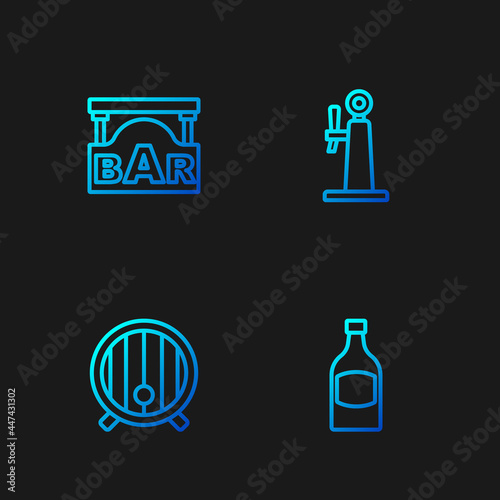 Set line Beer bottle, Wooden barrel, Street signboard with Bar and tap. Gradient color icons. Vector