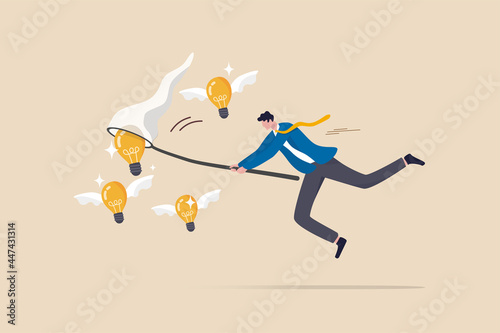 Capture new business ideas, search for innovation or creativity, brainstorm or invent new discovery project concept, smart businessman chasing and catch flying lightbulb ideas with butterfly net.