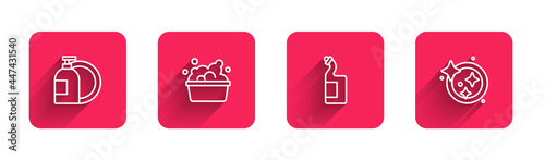 Set line Dishwashing liquid bottle, Basin with soap suds, and Washing dishes with long shadow. Red square button. Vector