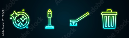 Set line Washing dishes, Vacuum cleaner, Brush for cleaning and Trash can. Glowing neon icon. Vector