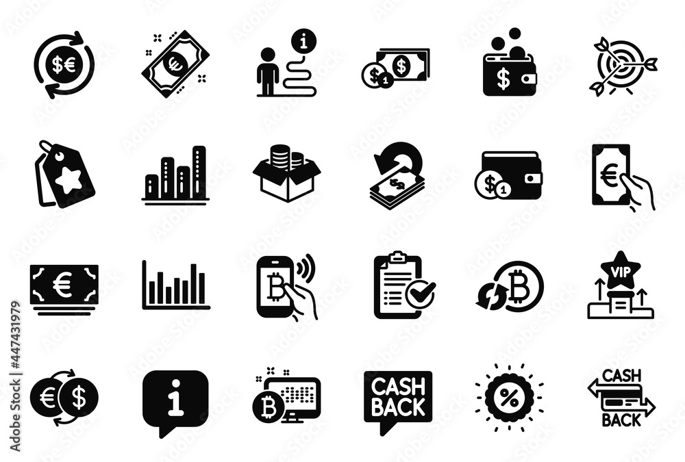 Vector Set of Finance icons related to Discount, Finance and Money currency icons. Vip podium, Survey checklist and Euro currency signs. Money transfer, Cashback and Refresh bitcoin. Vector