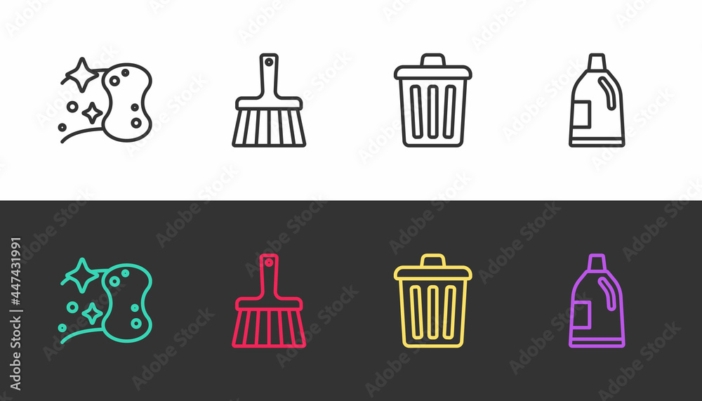 Set line Sponge, Handle broom, Trash can and Bottle for cleaning agent on black and white. Vector Set line Sponge, Handle broom, Trash can and Bottle for cleaning agent on black and white. Vector