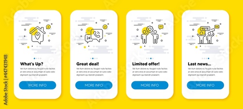 Vector set of Work home, 24h service and Employees teamwork line icons set. UI phone app screens with line icons. Voting campaign icon. Outsource work, Call support, Collaboration. Vector