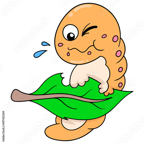 colored silkworms people are eating leaves for metamorphosis, doodle icon image kawaii