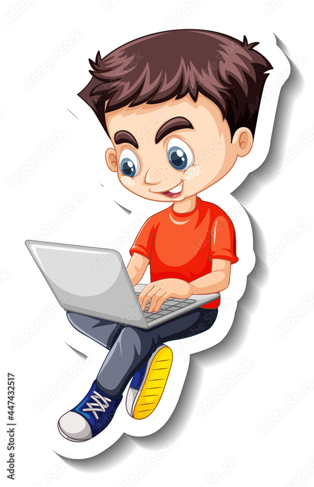 A boy using a laptop cartoon character sticker A boy using a laptop cartoon character sticker