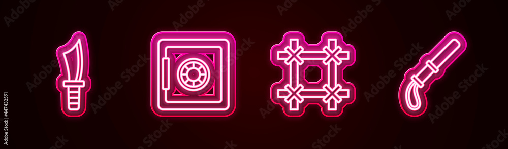 Set line Military knife, Safe, Prison window and Police rubber baton. Glowing neon icon. Vector Set line Military knife, Safe, Prison window and Police rubber baton. Glowing neon icon. Vector