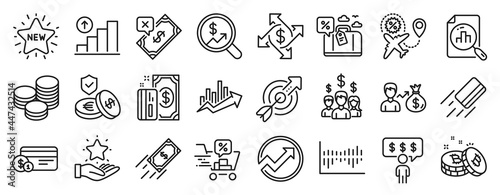 Set of Finance icons, such as Payment, Travel loan, Sallary icons. Savings insurance, Graph chart, Loyalty program signs. Tips, Growth chart, Rejected payment. Discounts cart, Bitcoin. Vector
