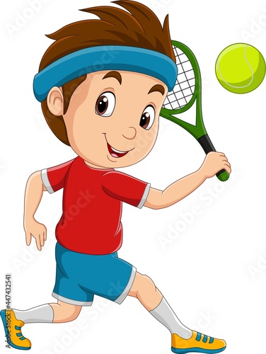 Cartoon little boy playing tennis