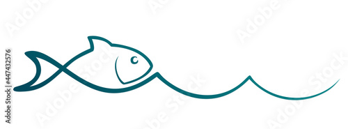 The one line symbol of fish in the blue wave.