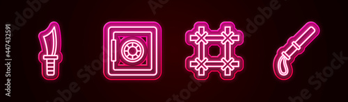 Set line Military knife, Safe, Prison window and Police rubber baton. Glowing neon icon. Vector