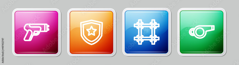 Set line Police electric shocker, badge, Prison window and Whistle. Colorful square button. Vector Set line Police electric shocker, badge, Prison window and Whistle. Colorful square button. Vector