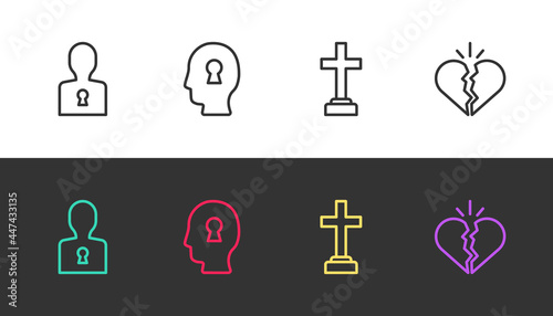 Set line Solution to the problem, , Graves funeral sorrow and Broken heart divorce on black and white. Vector