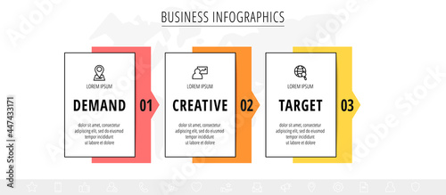 Vector infographic square label, template design. Business concept, Infograph with rectangles 3 options, step, arrow. Line infographics element for layout process diagram, parts, chart, graphic, web