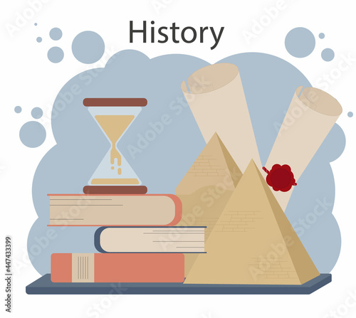 History school subject illustration on a white background with pyramids, scrolls, hourglasses and books