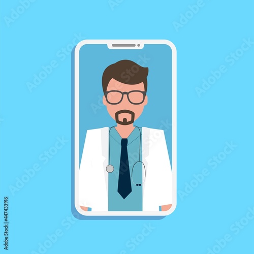 Online doctor consultation on the phone blue background. Stock vector