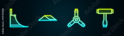 Set line Skate park, , Skateboard Y-tool and T. Glowing neon icon. Vector