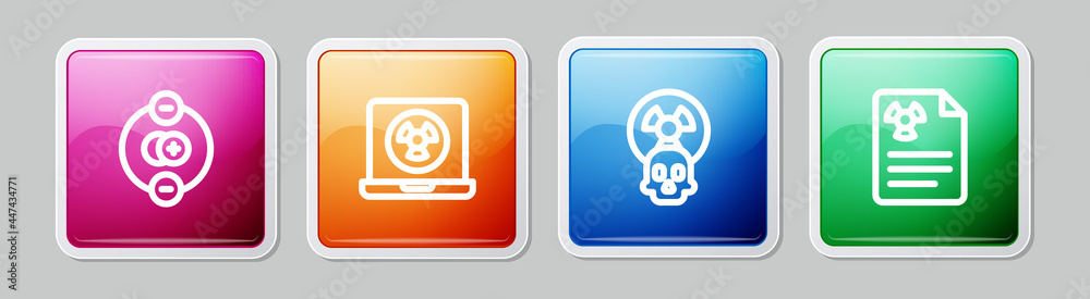Set line Atom, Nuclear laptop, Radioactive and Radiation warning document. Colorful square button. Vector Set line Atom, Nuclear laptop, Radioactive and Radiation warning document. Colorful square button. Vector