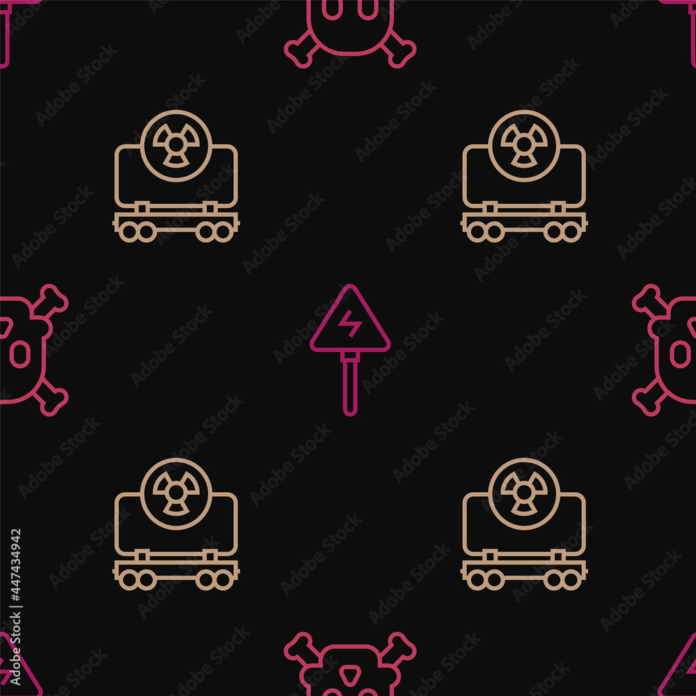 Set line Bones and skull warning, Radioactive cargo train and High voltage sign on seamless pattern. Vector Set line Bones and skull warning, Radioactive cargo train and High voltage sign on seamless pattern. Vector