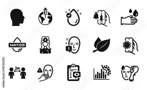 Vector set of Social distancing, Face attention and Pandemic vaccine icons simple set. Mint leaves, Coronavirus statistics and Head icons. Hand sanitizer, Rubber gloves and Vitamin e signs. Vector